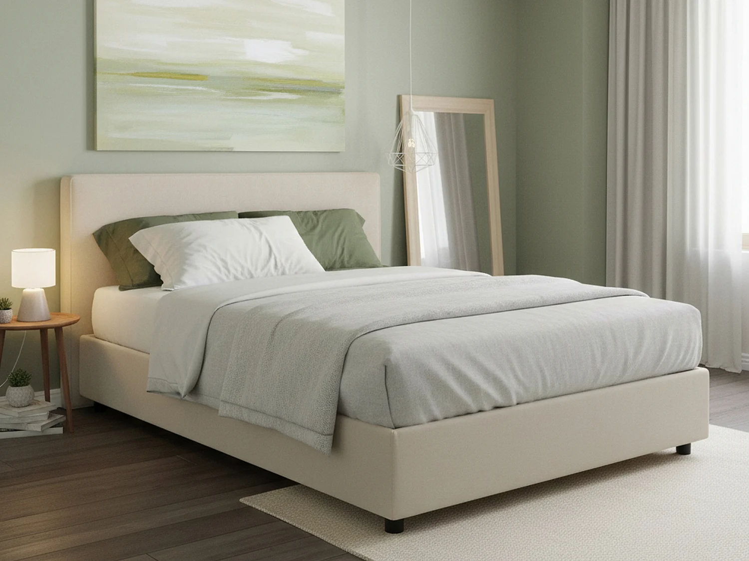 Lit double Chloé, Lit coffre avec revêtement en tissu, 100% Made in Italy, Ouverture frontale, adapté pour matelas 140x200 cm, Beige