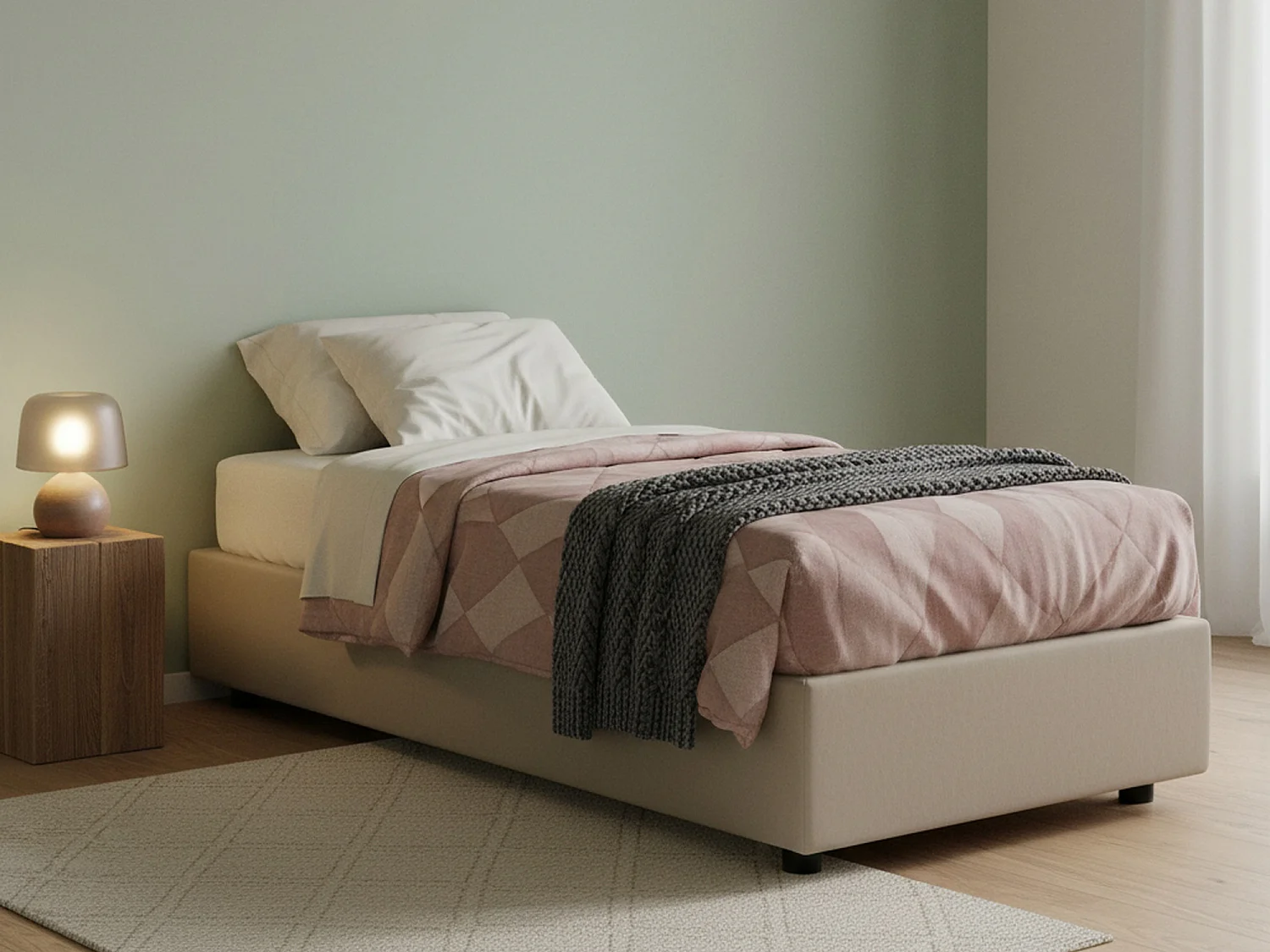 Letto Singolo Andros, Contenitore Made in Italy, 95x205 cm Grigio Tortora