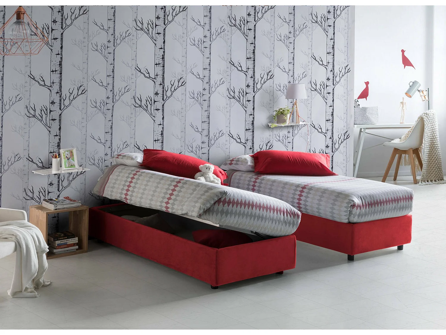 Lit double Daronic, Lit coffre avec revêtement en tissu, 100% Made in Italy, Ouverture latérale, adapté pour matelas 120x190 cm, Rouge