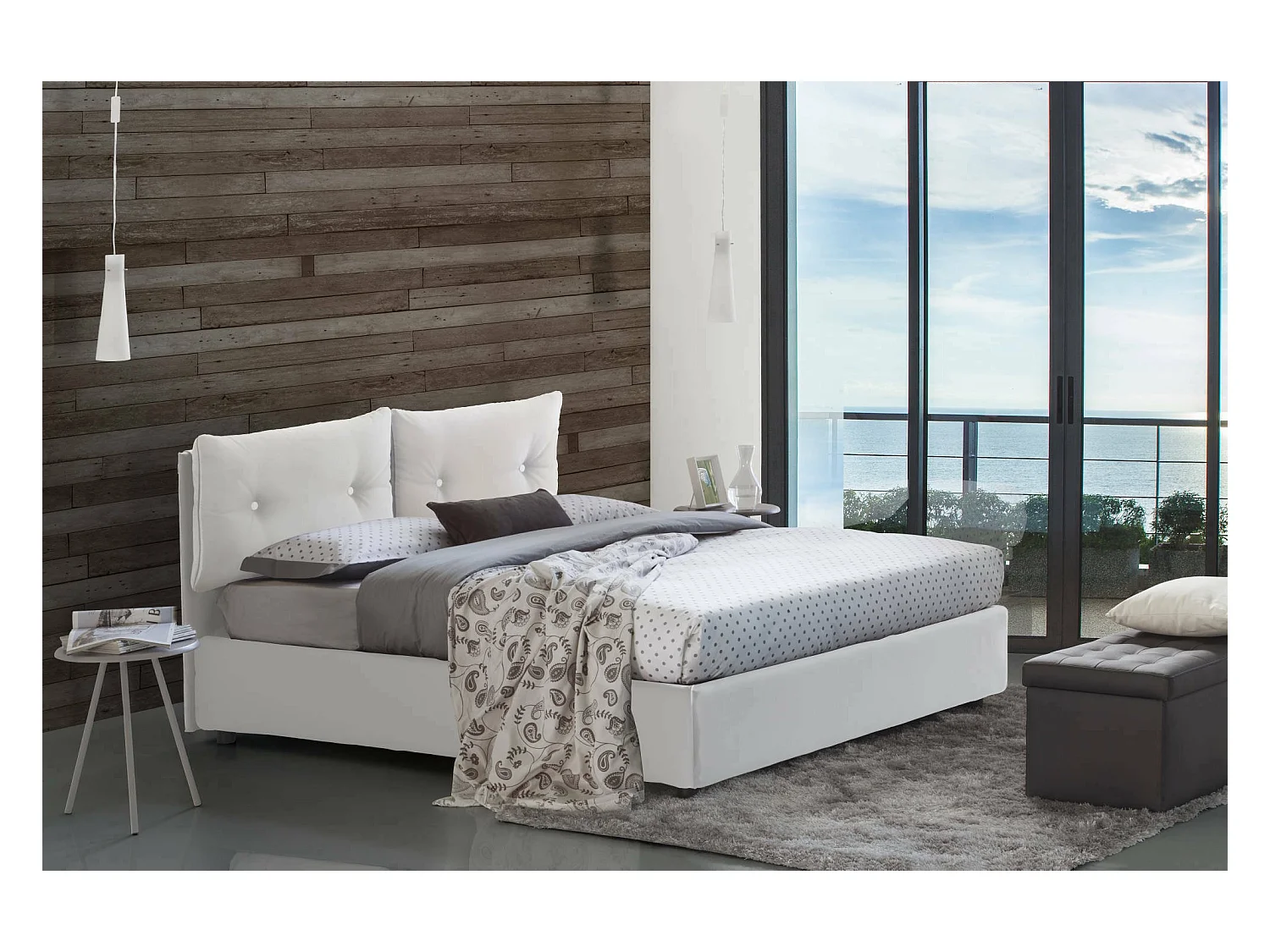 Dmerol tweepersoonsbed, Opbergbed met eco-lederen bekleding, 100% Made in Italy, Opening aan de voorkant, geschikt voor matras van 160x200 cm, Wit