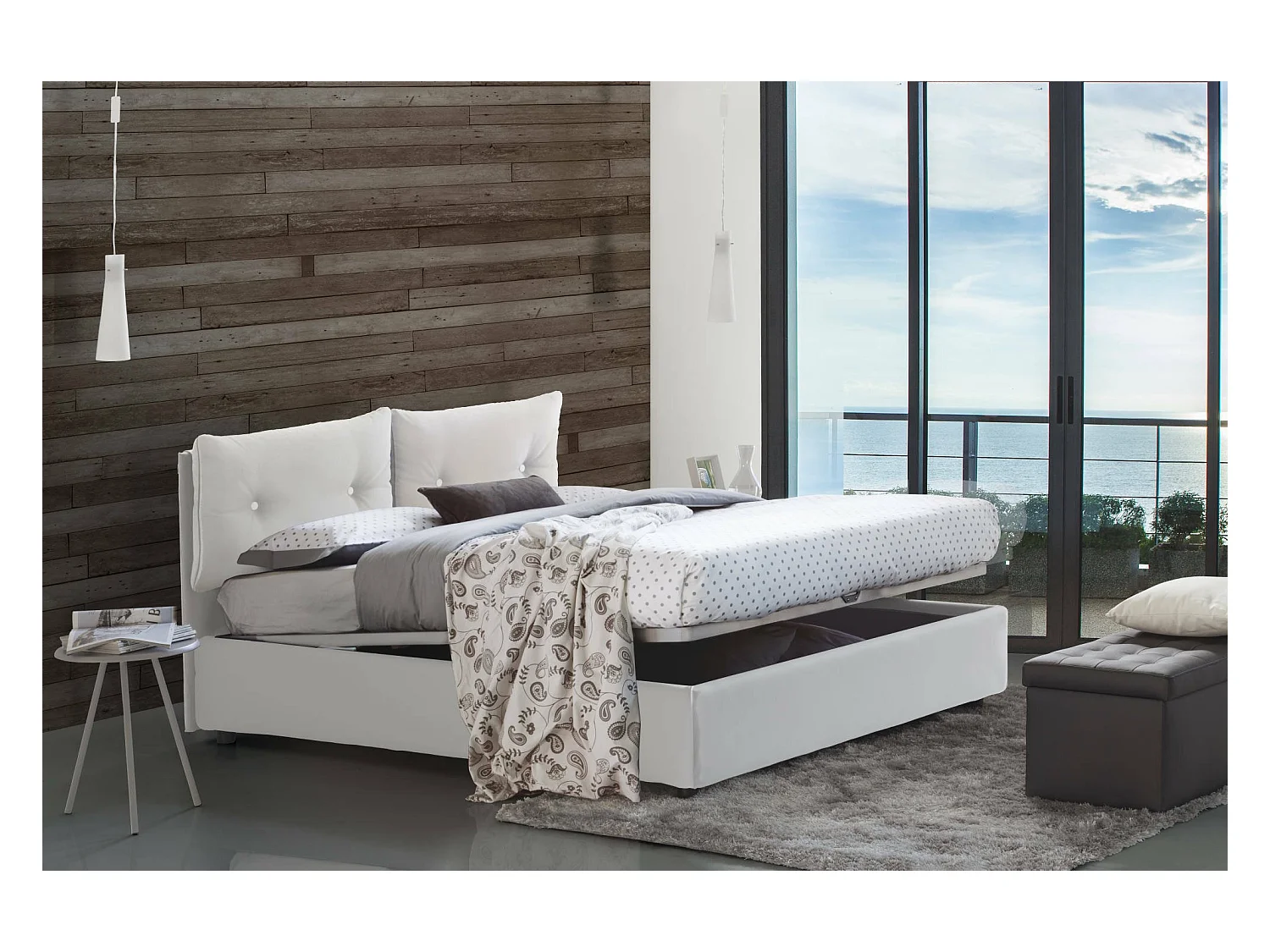 Dmerol tweepersoonsbed, Opbergbed met eco-lederen bekleding, 100% Made in Italy, Opening aan de voorkant, geschikt voor matras van 160x200 cm, Wit