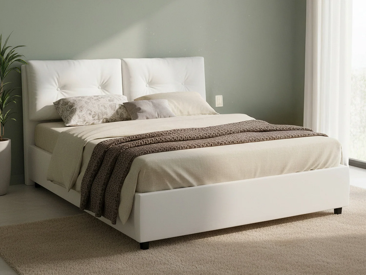 Lit double Dmerol, Lit coffre avec revêtement en éco-cuir, 100% Made in Italy, Ouverture frontale, adapté pour matelas 160x200 cm, Blanc