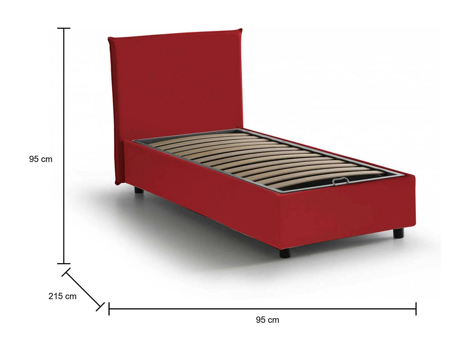 Einzelbett Dbacchi, Containerbett mit Stoffbespannung, 100% Made in Italy, Frontöffnung, passend für Matratze Cm 80x200, Rot
