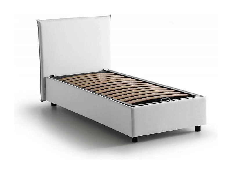 Lit simple Dbasell, Lit coffre avec revêtement en tissu, 100% Made in Italy, Ouverture frontale, adapté pour matelas 90x200 cm, Blanc