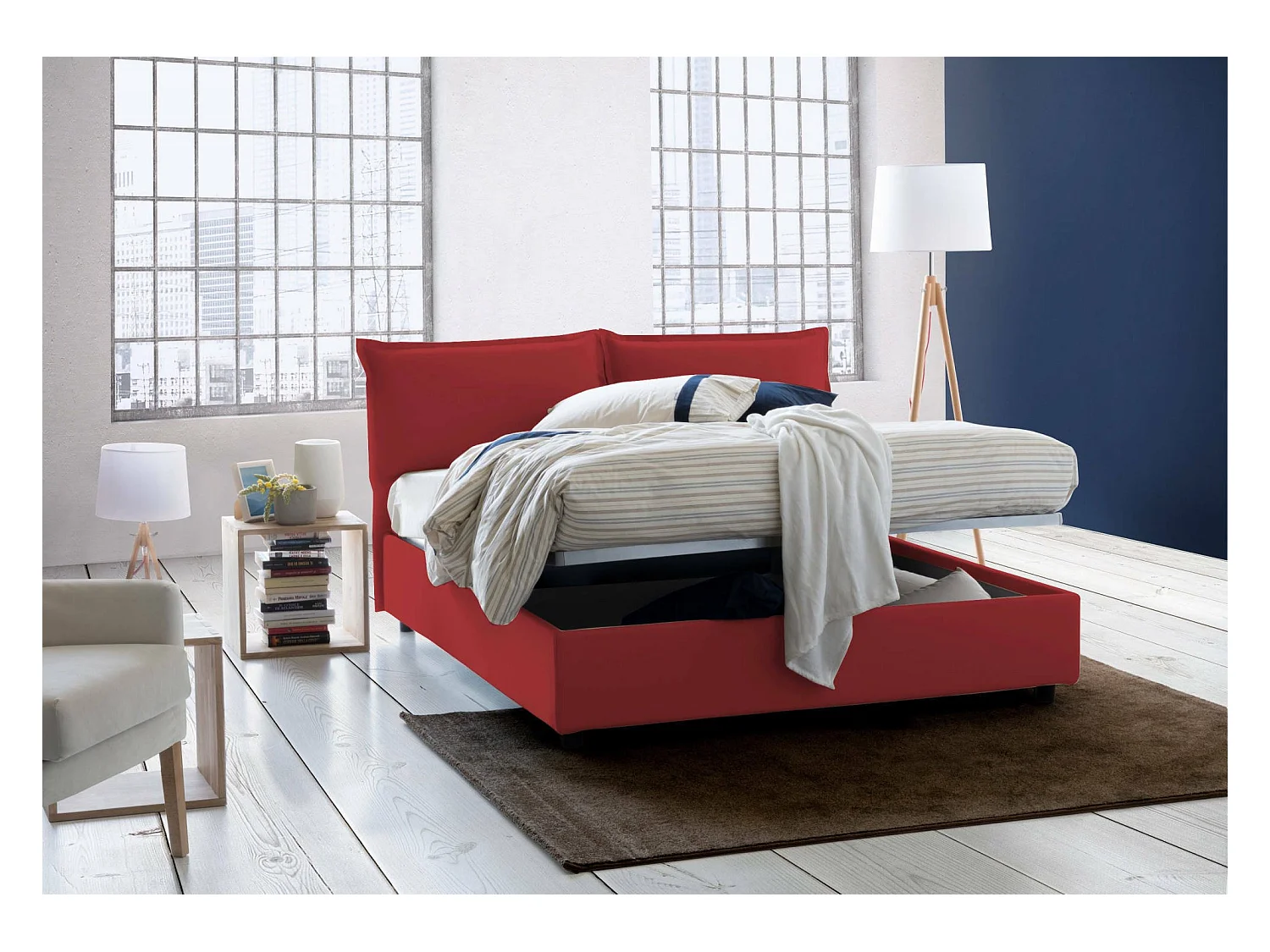 Dcarrar tweepersoonsbed, Opbergbed met stoffen bekleding, 100% Made in Italy, Opening aan de voorkant, inclusief matras 160x190 cm, Rood