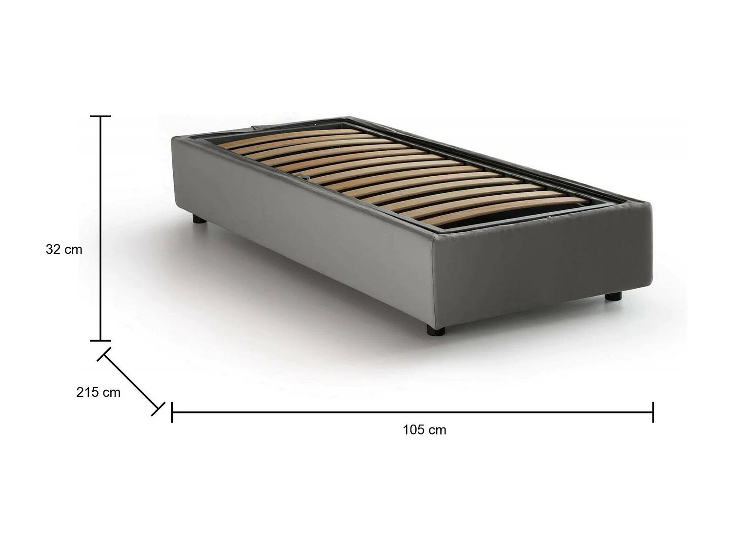 Cama de solteiro Dgalle, Cama de armazenamento com forro de tecido, 100% Fabricado na Itália, Abertura frontal, adequada para colchão de 90x200 cm, Cinza