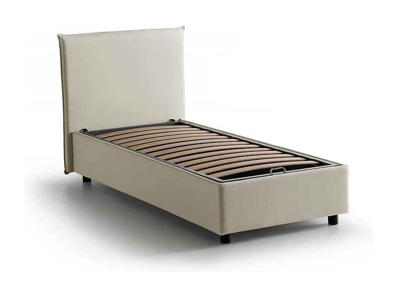 Cama de solteiro Dbacchi, Cama de armazenamento com forro de tecido, 100% Fabricado na Itália, Abertura frontal, adequada para colchão de 80x200 cm, Bege