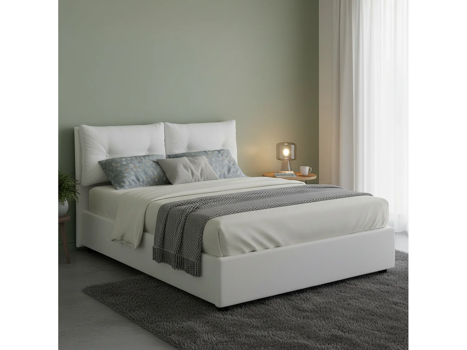 Lit double Dcun, Lit coffre avec revêtement en tissu, 100% Made in Italy, Ouverture frontale, adapté pour matelas 160x200 cm, Blanc