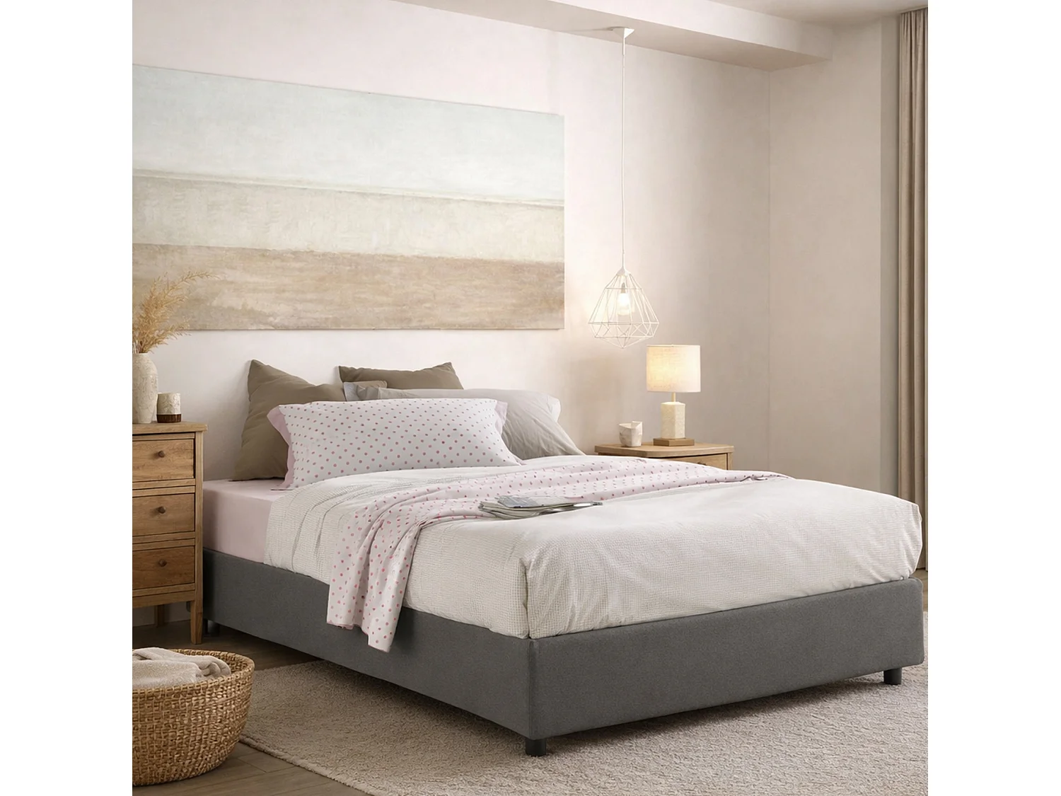 Lit double Chloé, Lit coffre avec revêtement en tissu, 100% Made in Italy, Ouverture frontale, adapté pour matelas 140x200 cm, Gris