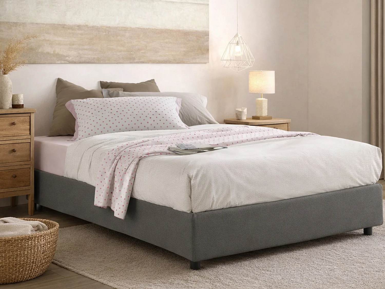 Lit double Chloé, Lit coffre avec revêtement en tissu, 100% Made in Italy, Ouverture frontale, adapté pour matelas 140x200 cm, Gris