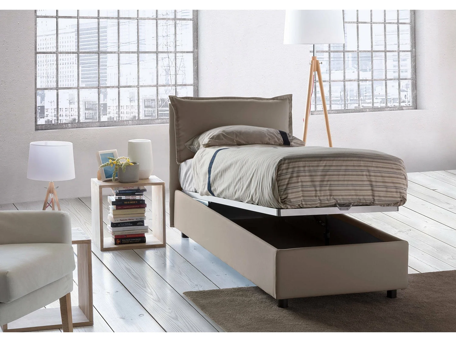 Lit simple Daugust, Lit coffre avec revêtement en tissu, 100% Made in Italy, Ouverture frontale, avec matelas 80x190 cm inclus, Taupe