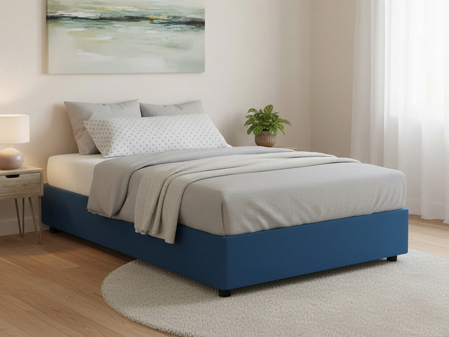 Lit double Ddurant, Lit coffre avec revêtement en tissu, 100% Made in Italy, Ouverture frontale, avec matelas 140x200 cm inclus, Bleu