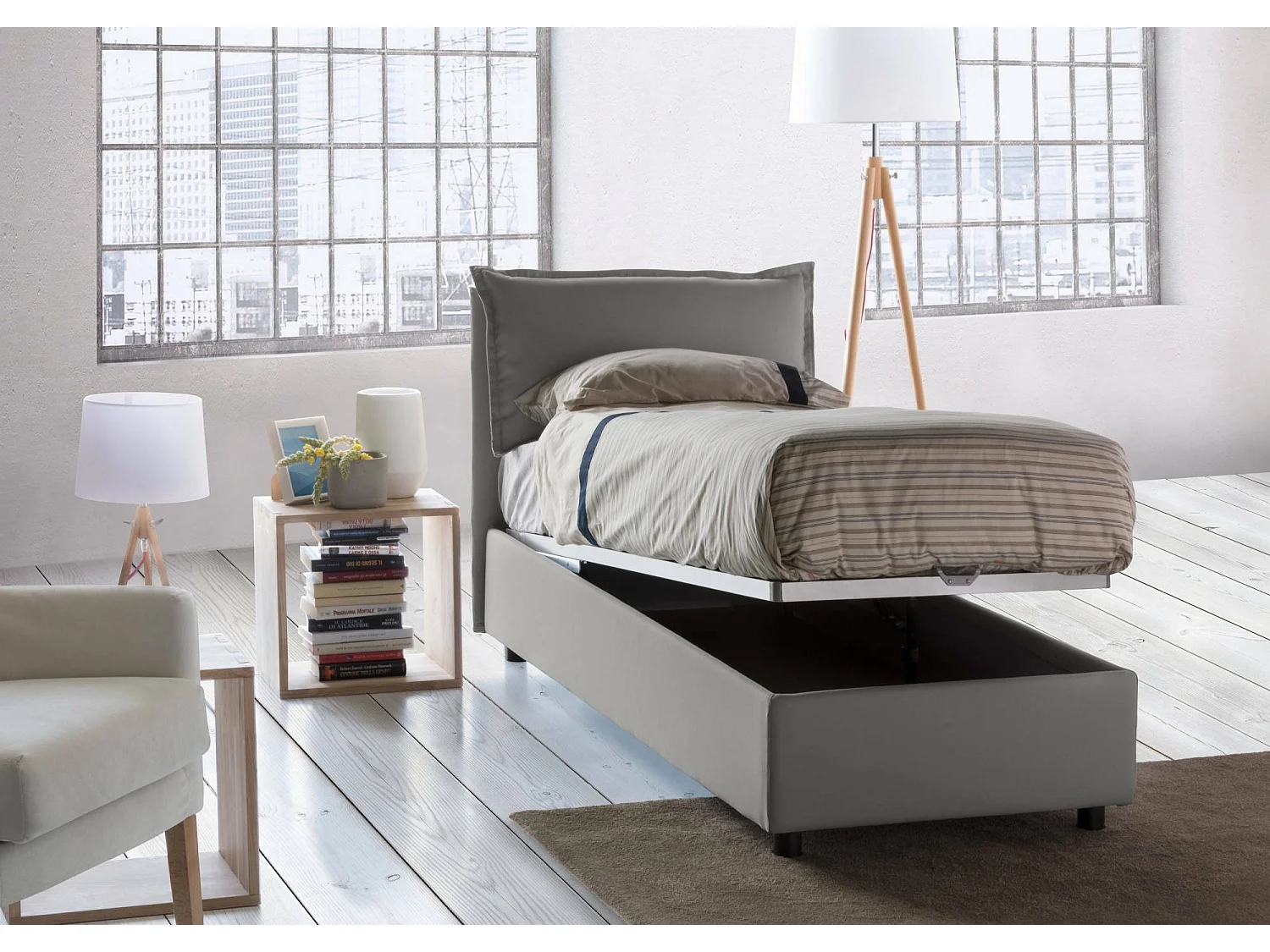 Cama individual Dasenci, Cama contenedor con revestimiento de tela, 100% Made in Italy, Apertura frontal, adecuado para colchón Cm 90x200, Gris