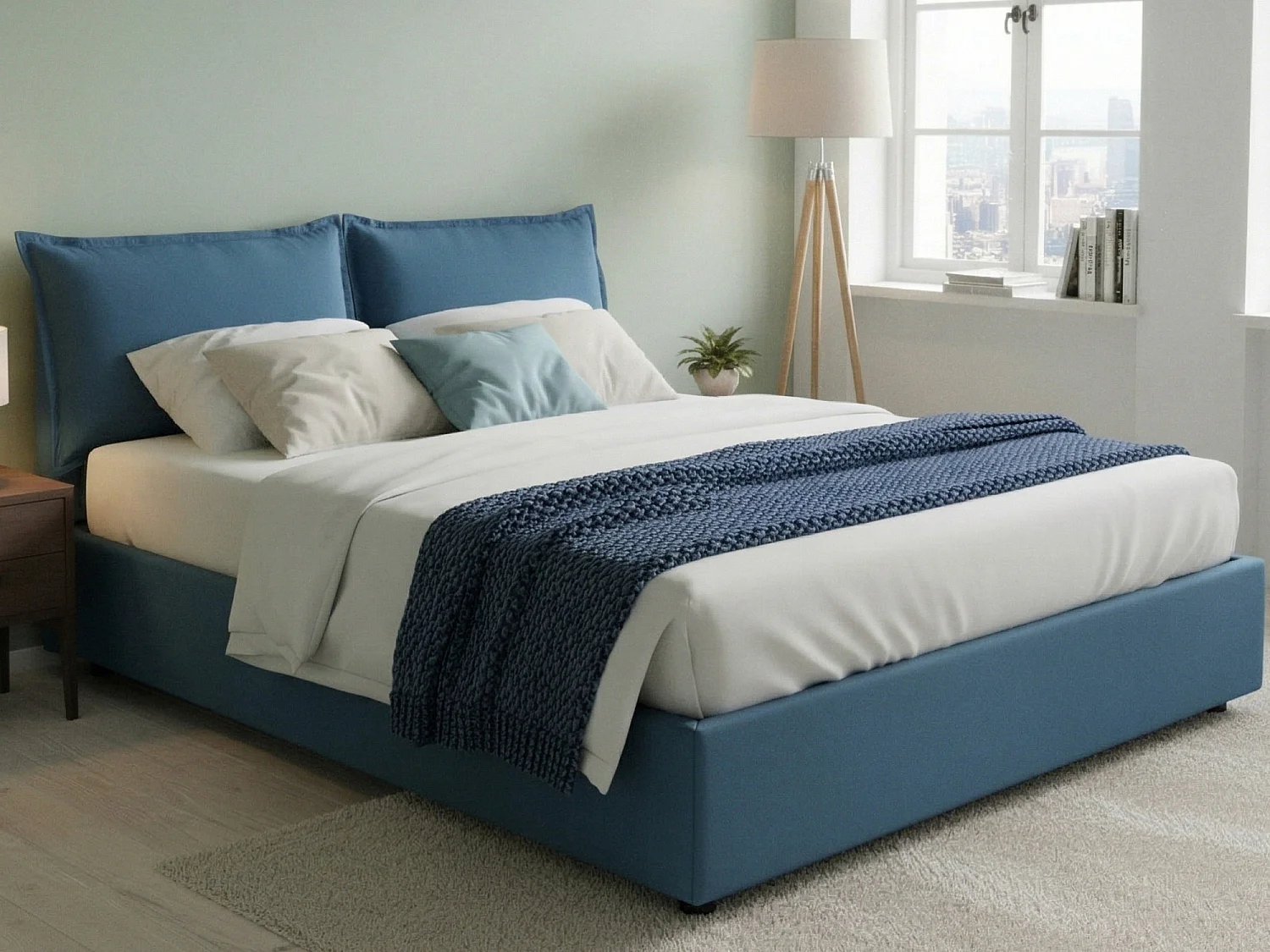 Lit double Dgnahor, Lit coffre avec revêtement en tissu, 100% Made in Italy, Ouverture frontale, adapté pour matelas 140x200 cm, Bleu