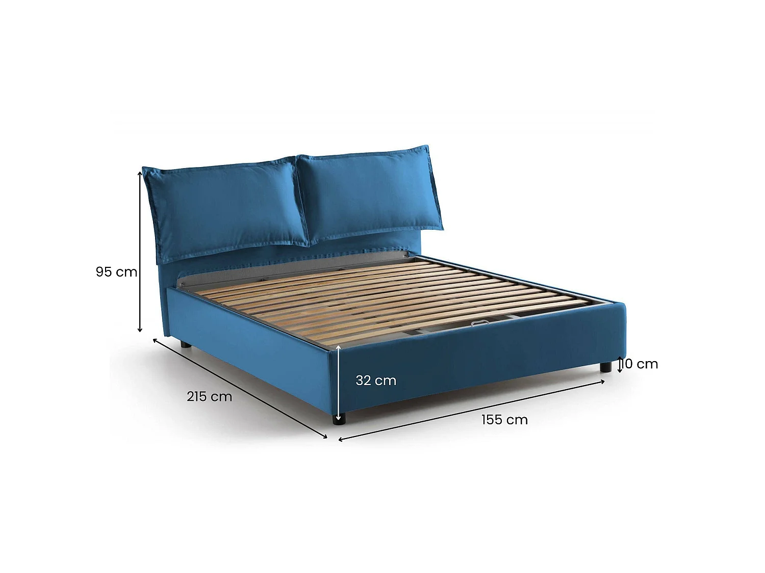 Lit double Dgnahor, Lit coffre avec revêtement en tissu, 100% Made in Italy, Ouverture frontale, adapté pour matelas 140x200 cm, Bleu
