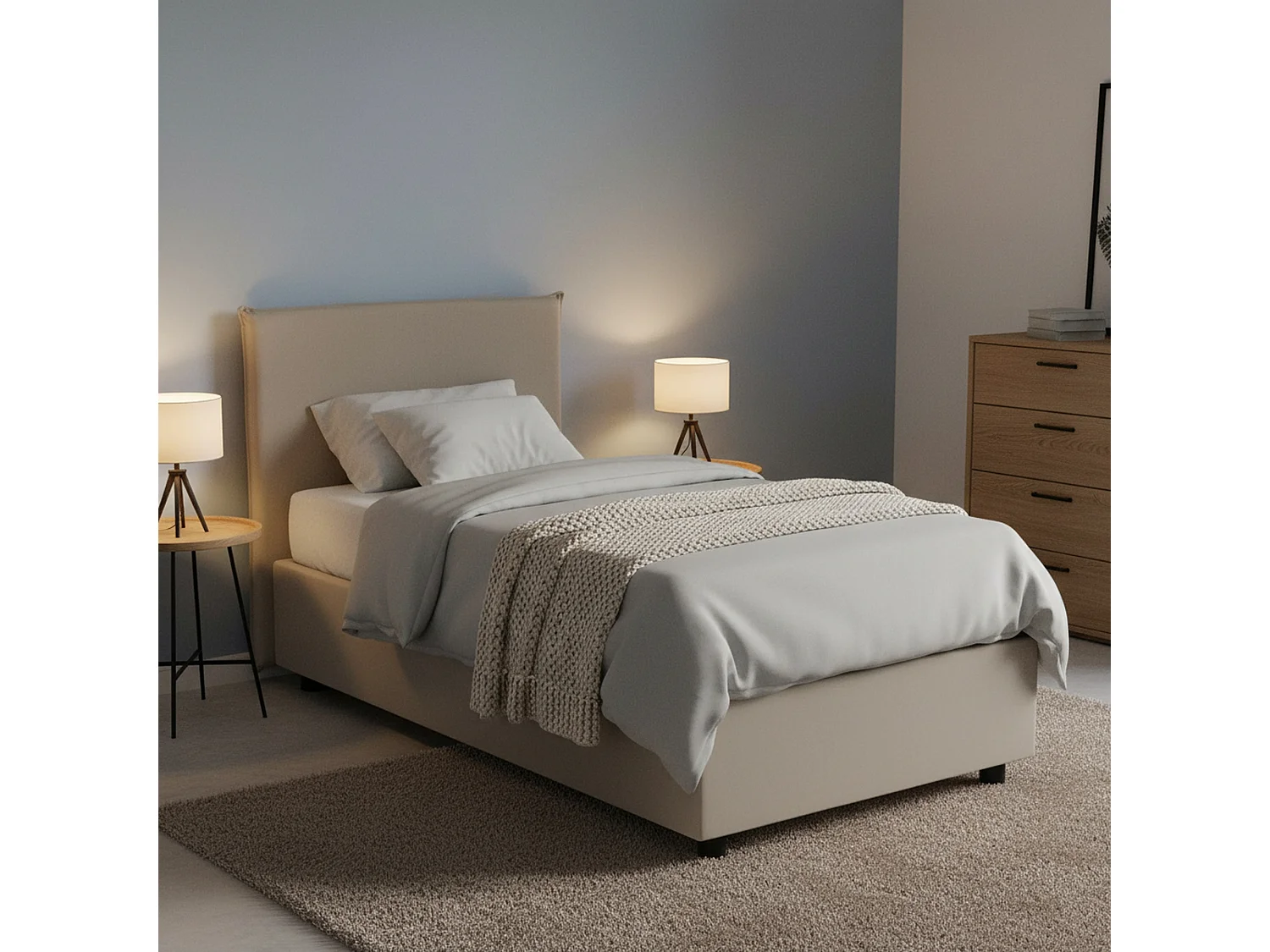 Lit simple Dbaiocc, Lit coffre avec revêtement en éco-cuir, 100% Made in Italy, Ouverture frontale, avec matelas 90x190 cm inclus, Taupe