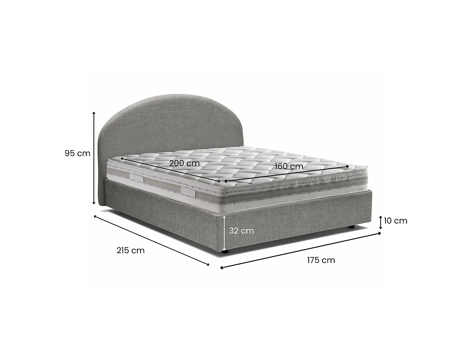 Lit double Dadamol, Lit coffre avec revêtement en tissu, 100% Made in Italy, Ouverture frontale, avec matelas 160x200 cm inclus, Gris