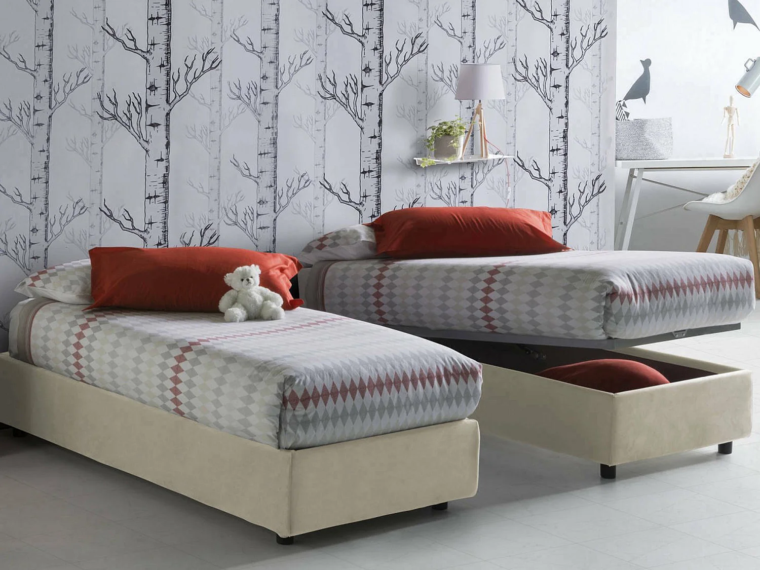 Dgalle eenpersoonsbed, Opbergbed met stoffen bekleding, 100% Made in Italy, Opening aan de voorzijde, geschikt voor matras van 90x200 cm, Beige