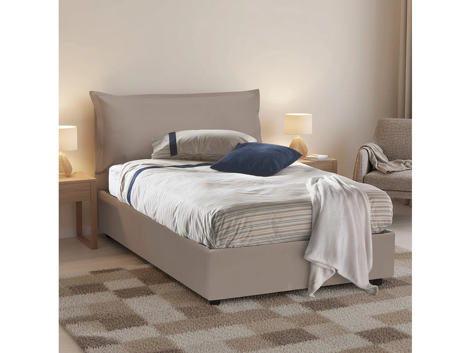 Lit double Dbayey, lit coffre avec revêtement en éco-cuir, 100% Made in Italy, ouverture frontale, avec matelas 120x190 cm inclus, gris tourterelle