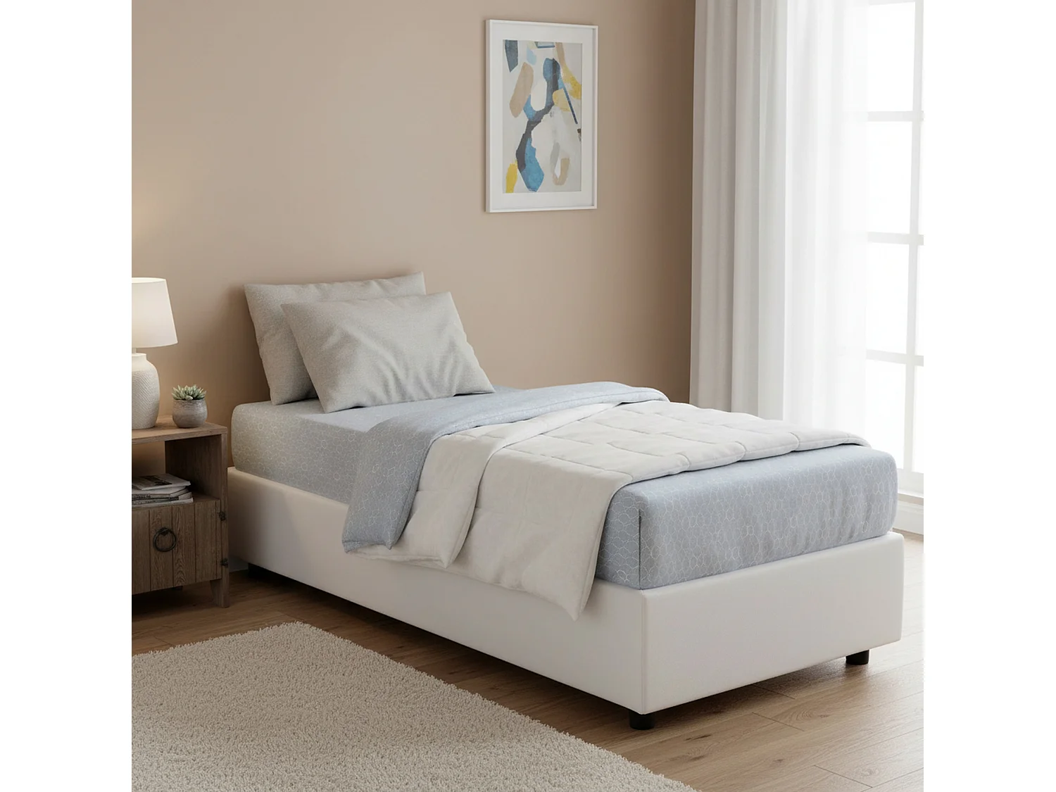 Lit simple Dabad, Lit coffre avec revêtement en éco-cuir, 100% Made in Italy, Ouverture frontale, avec matelas 90x190 cm inclus, Blanc