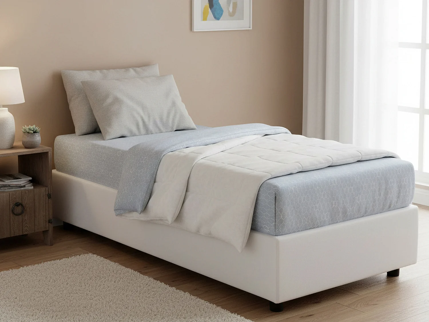 Lit simple Dabad, Lit coffre avec revêtement en éco-cuir, 100% Made in Italy, Ouverture frontale, avec matelas 90x190 cm inclus, Blanc