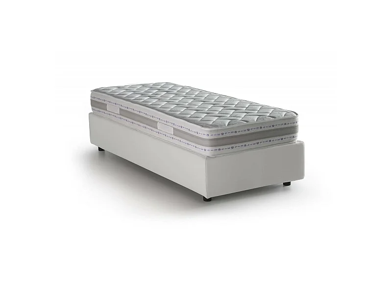 Cama de solteiro Dabad, Cama de armazenamento com forro de couro ecológico, 100% Fabricado na Itália, Abertura frontal, com colchão 90x190 cm incluído, Branco