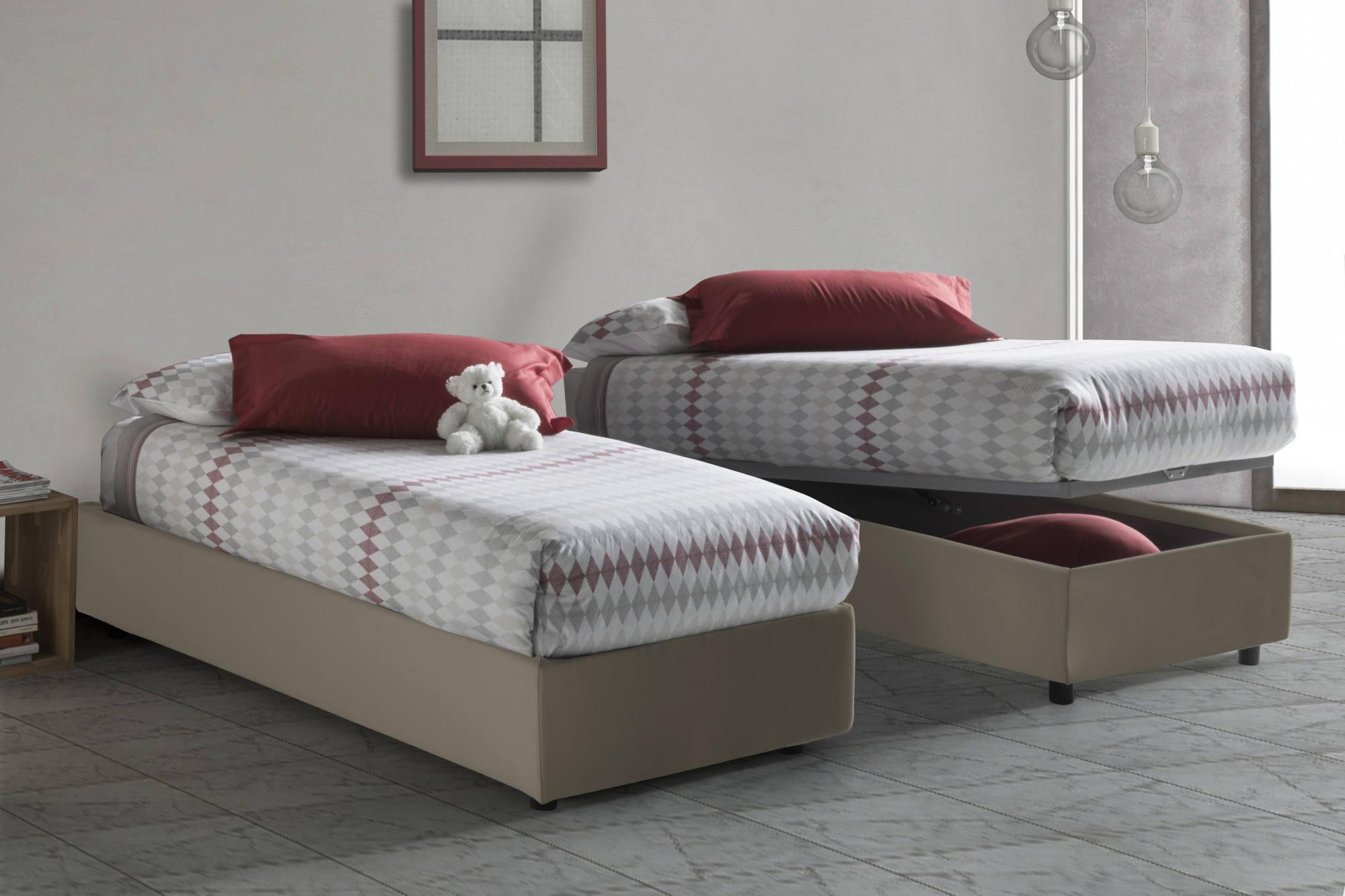 Letto singolo Dabad, Letto contenitore con rivestimento in ecopelle, 100%  Made in Italy, Apertura frontale, con materasso Cm 90x190 incluso, Tortora