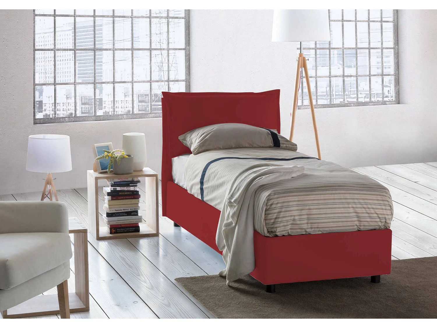 Daugust eenpersoonsbed, Opbergbed met stoffen bekleding, 100% Made in Italy, Opening aan de voorkant, inclusief matras van 80x190 cm, Rood