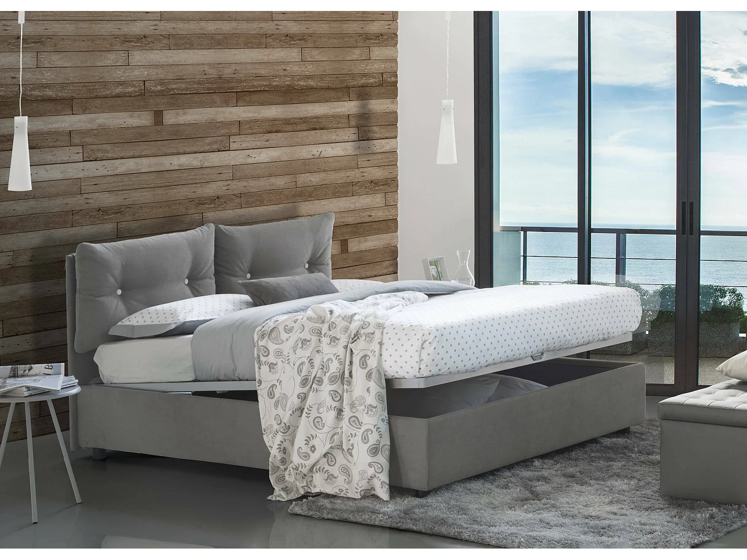 Lit double Dcit, Lit coffre avec revêtement en tissu, 100% Made in Italy, Ouverture frontale, adapté pour matelas 160x190 cm, Gris