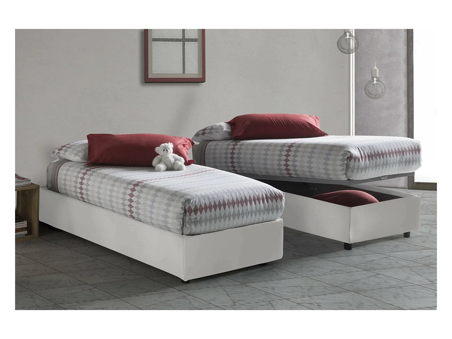 Einzelbett Dmecozz, Containerbett mit Kunstlederbezug, 100% Made in Italy, Frontöffnung, passend für Matratze Cm 90x190, Weiß
