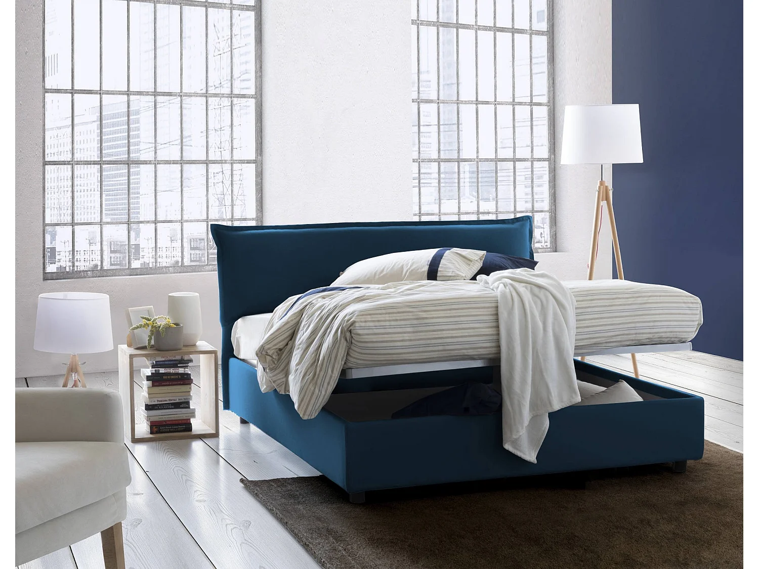 Doppelbett Dbiand, Containerbett mit abnehmbarem Bezug mit gepolstertem Kopfteil und Bettrahmen, 100% Made in Italy, passend für Matratze Cm 160x200, Blau