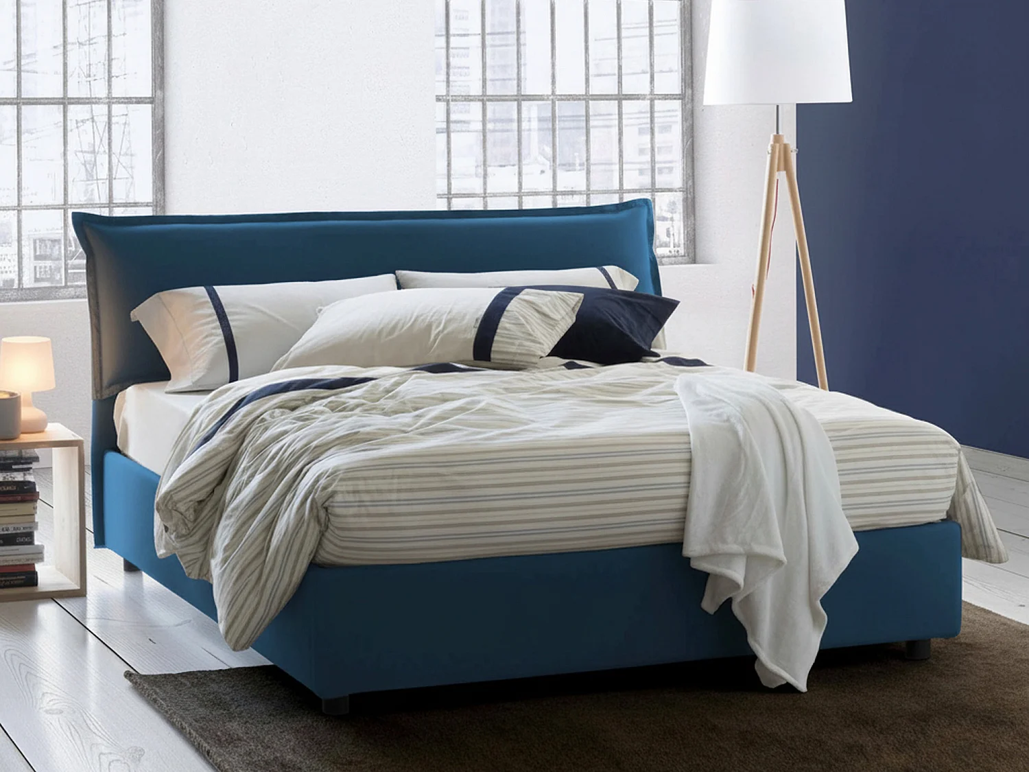 Lit double Dbiand, lit coffre déhoussable avec tête de lit rembourrée et cadre de lit coffre, 100% Made in Italy, adapté pour matelas 160x200 cm, Bleu