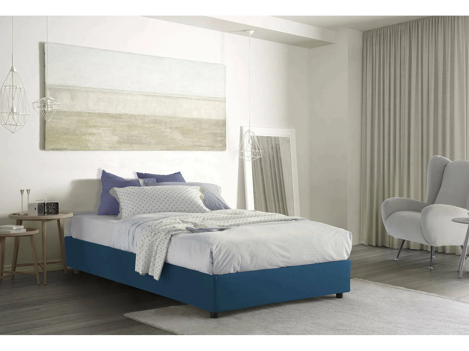 Quadratisches und halbes Bett Daronic, Containerbett mit Stoffbespannung, 100% Made in Italy, Seitliche Ã–ffnung, passend für Matratze Cm 120x190, Blau