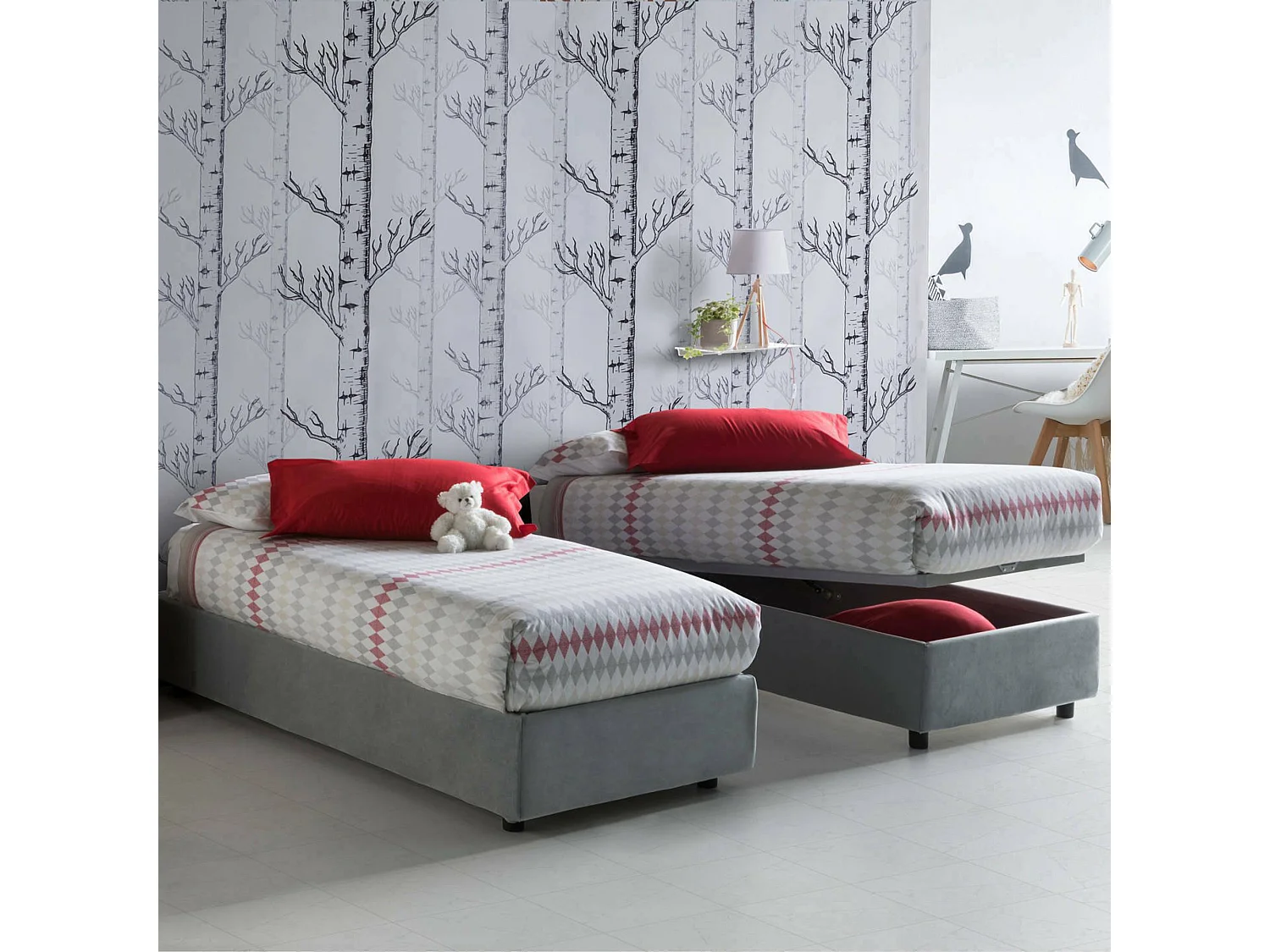 Einzelbett Dfazzin, Containerbett mit Stoffbespannung, 100% Made in Italy, Frontöffnung, passend für Matratze Cm 90x190, Grau