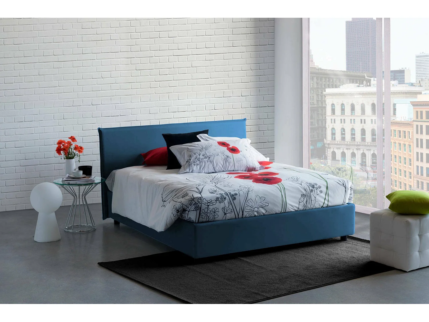 Dame tweepersoonsbed, Opbergbed met stoffen bekleding, 100% Made in Italy, Opening aan de voorkant, inclusief matras 160x190 cm, Blauw