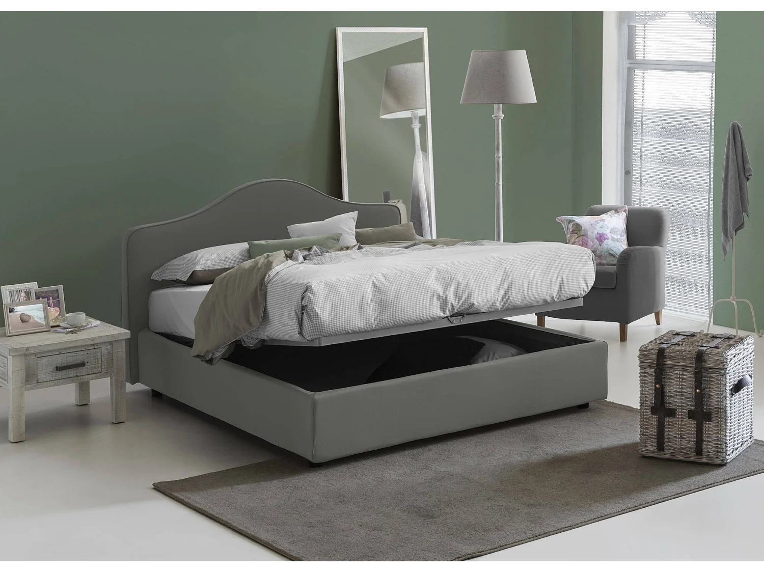 Cama matrimonial Dabda, Cama contenedor con revestimiento de tela, 100% Made in Italy, Apertura frontal, con colchón de Cm 160x190 incluido, Gris