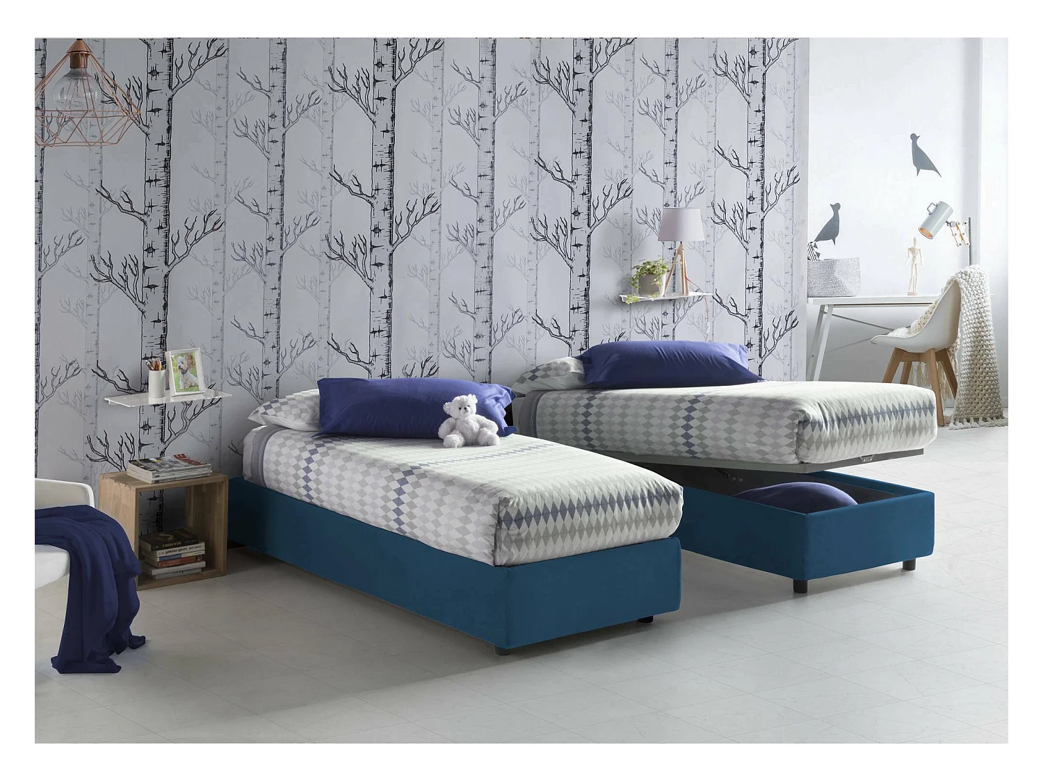 Einzelbett Dfazzin, Containerbett mit Stoffbespannung, 100% Made in Italy, Frontöffnung, passend für Matratze Cm 90x190, Blau