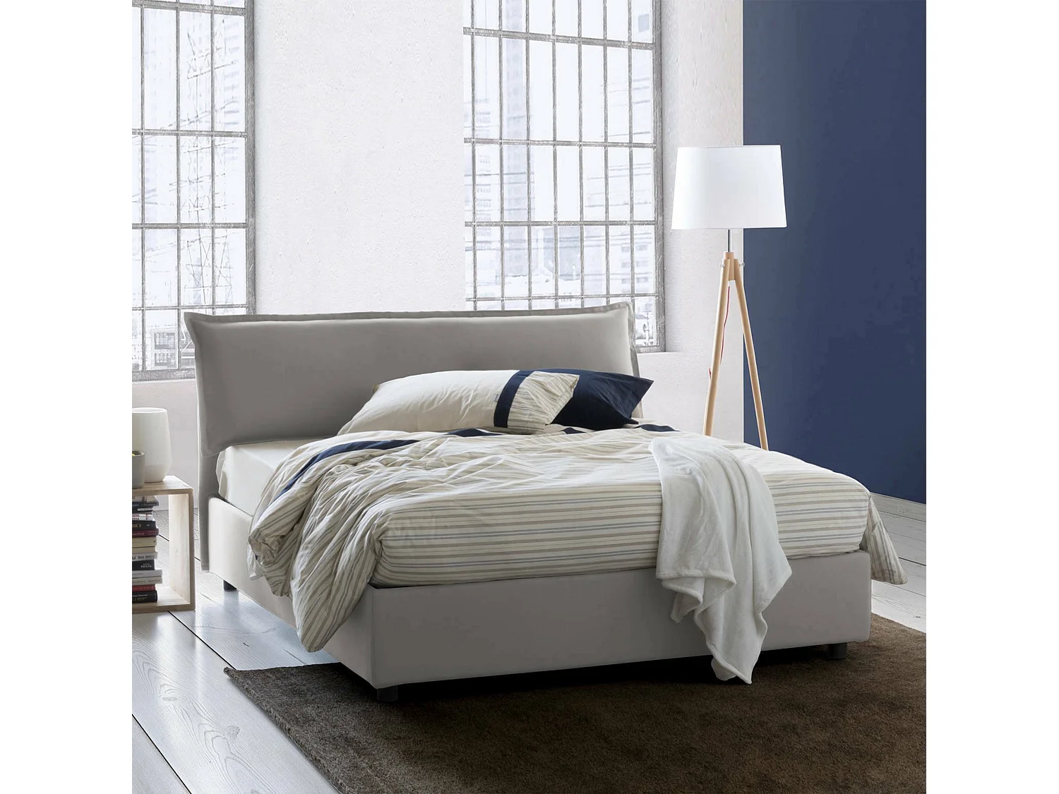 Lit double Dbianc, Lit coffre avec revêtement amovible avec tête de lit rembourrée et cadre de lit coffre, 100% Made in Italy, avec matelas 160x190 cm inclus, Gris
