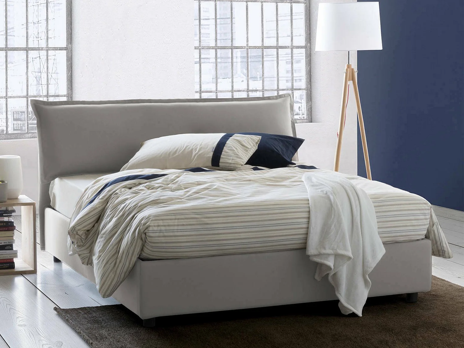 Lit double Dbianc, Lit coffre avec revêtement amovible avec tête de lit rembourrée et cadre de lit coffre, 100% Made in Italy, avec matelas 160x190 cm inclus, Gris