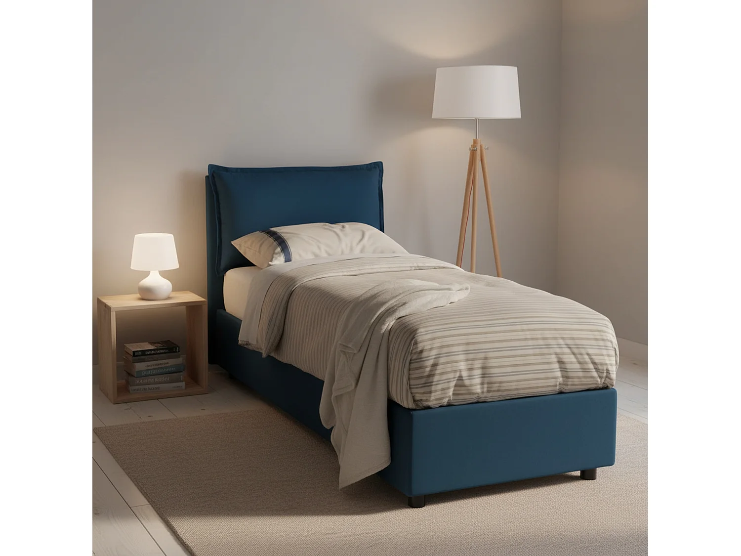 Lit simple Dasenci, Lit coffre avec revêtement en tissu, 100% Made in Italy, Ouverture frontale, adapté pour matelas 90x200 cm, Bleu