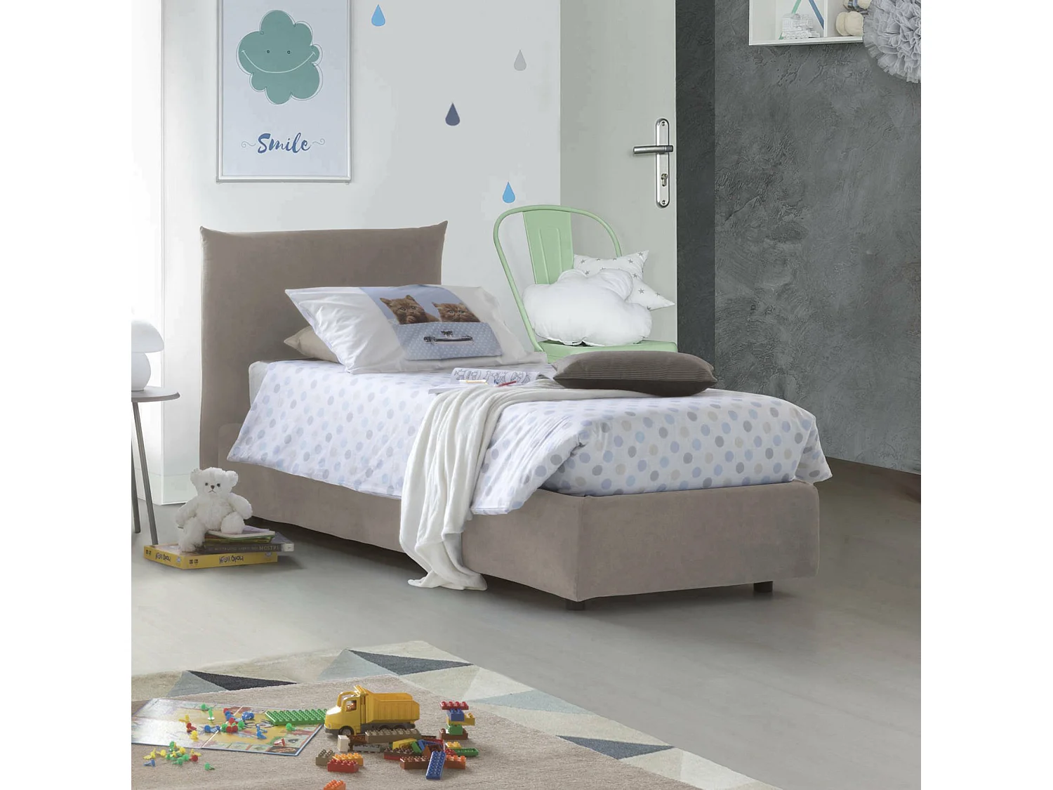 Lit simple Dbeccar, Lit coffre avec revêtement en tissu, 100% Made in Italy, Ouverture frontale, adapté pour matelas 80x190 cm, Taupe