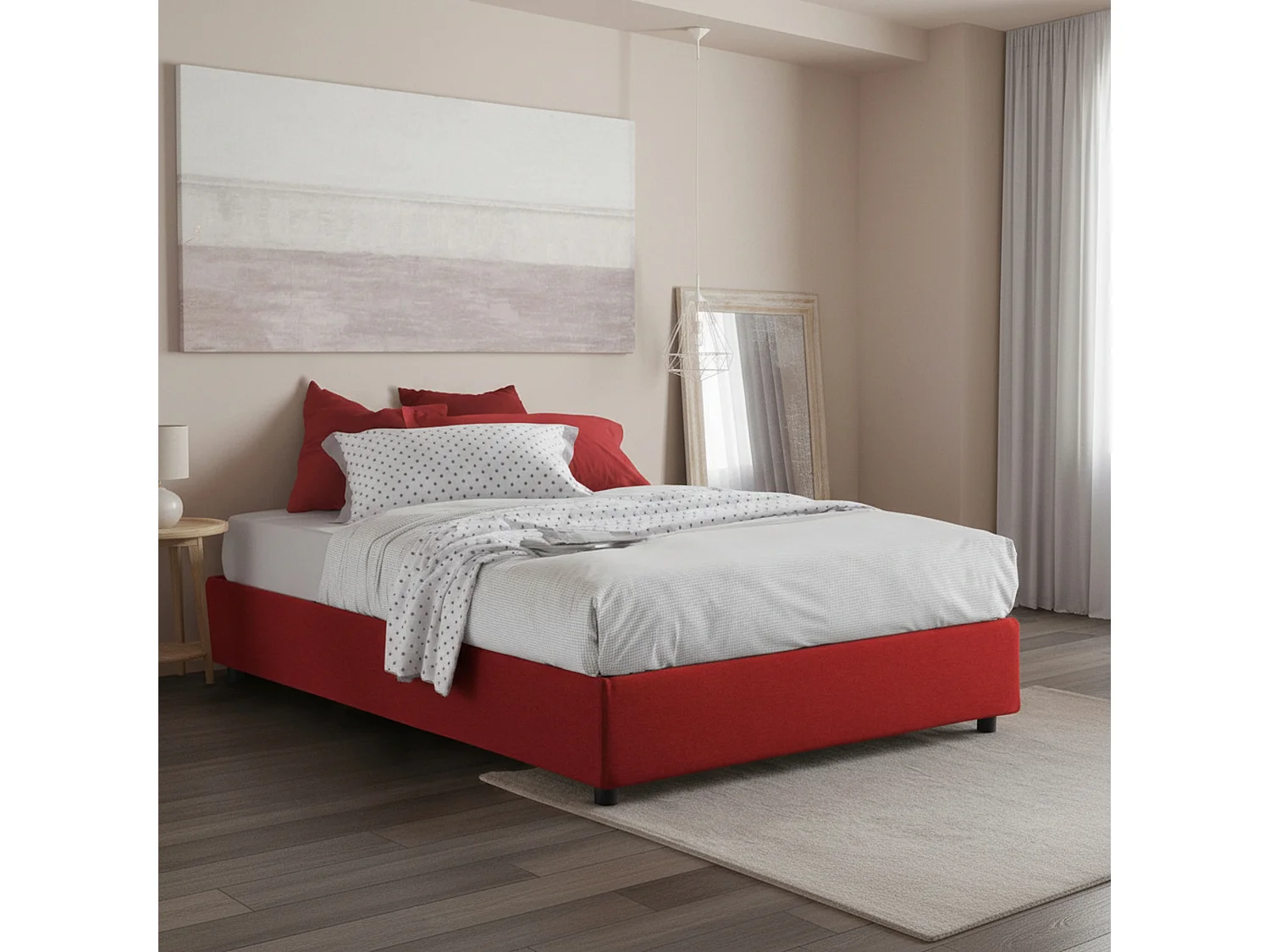 Lit double Daajj, Lit coffre avec revêtement en tissu, 100% Made in Italy, Ouverture frontale, avec matelas 140x190 cm inclus, Rouge