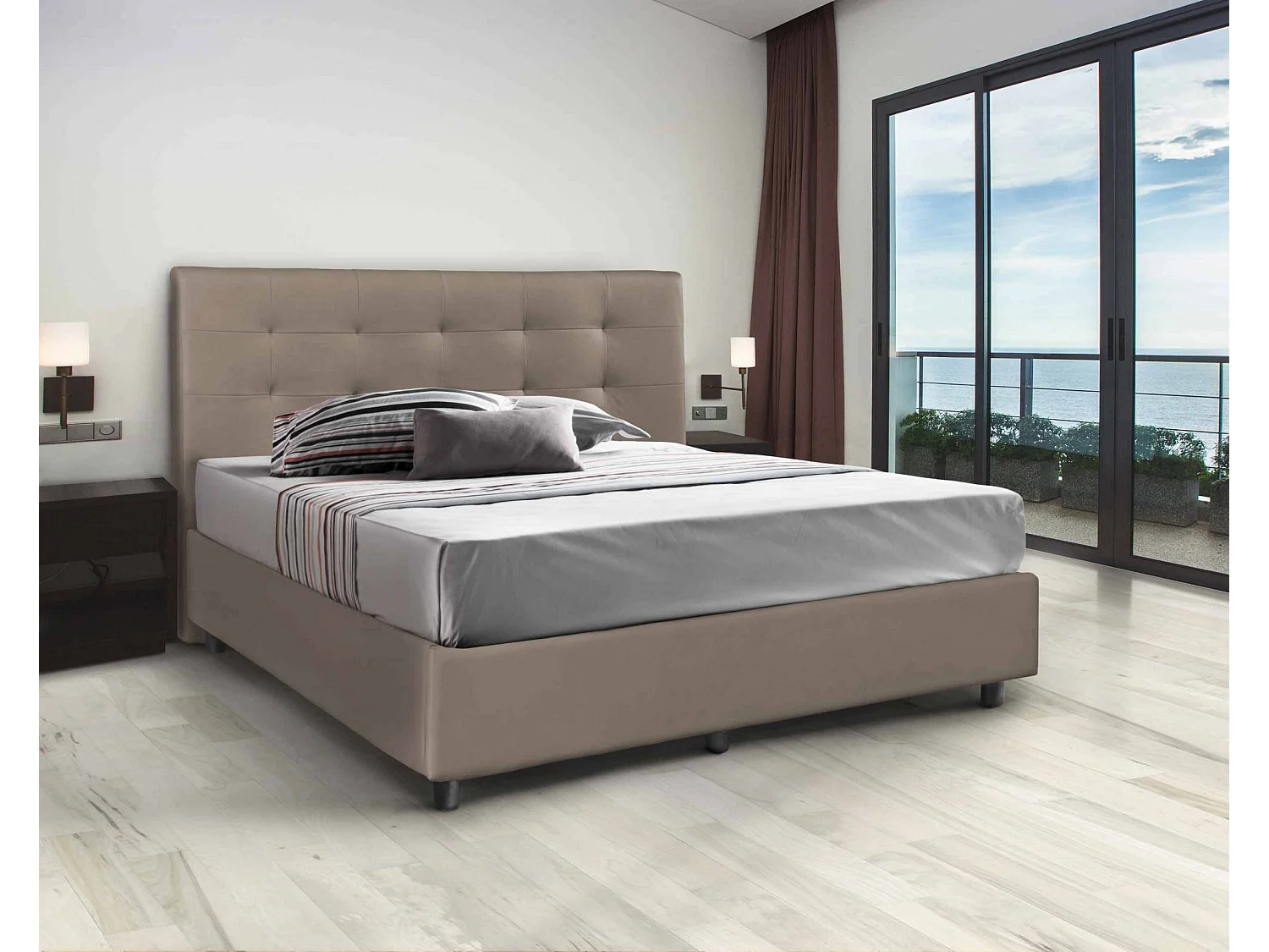 Cama de casal Dnannin, Cama de armazenamento e cabeceira em couro ecológico, 100% Fabricado na Itália, Abertura frontal, adequada para colchão 160x190 cm, Taupe