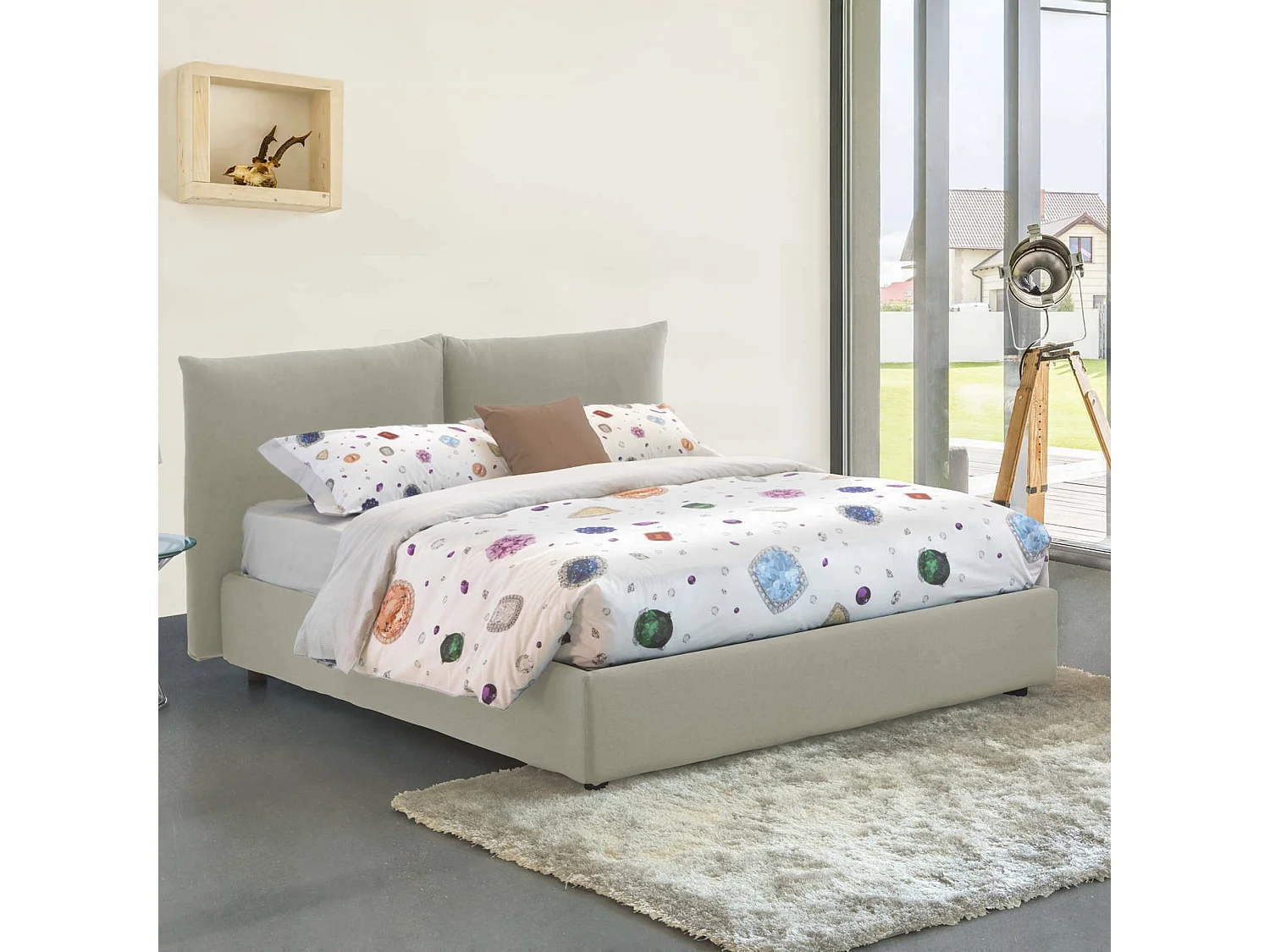 Dbrunor tweepersoonsbed, Opbergbed met stoffen bekleding, 100% Made in Italy, Opening aan de voorkant, inclusief matras van 160x200 cm, Beige