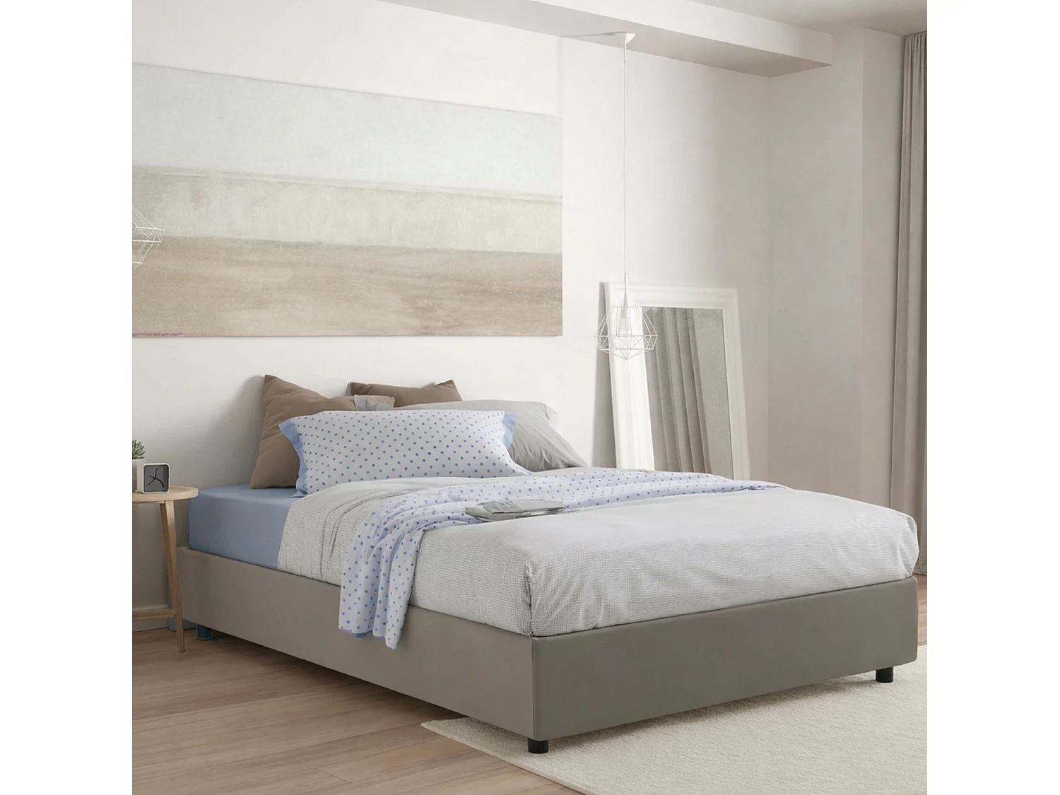 Lit double Dcimin, Lit coffre avec revêtement en éco-cuir, 100% Made in Italy, Ouverture frontale, avec matelas 140x190 cm inclus, Taupe