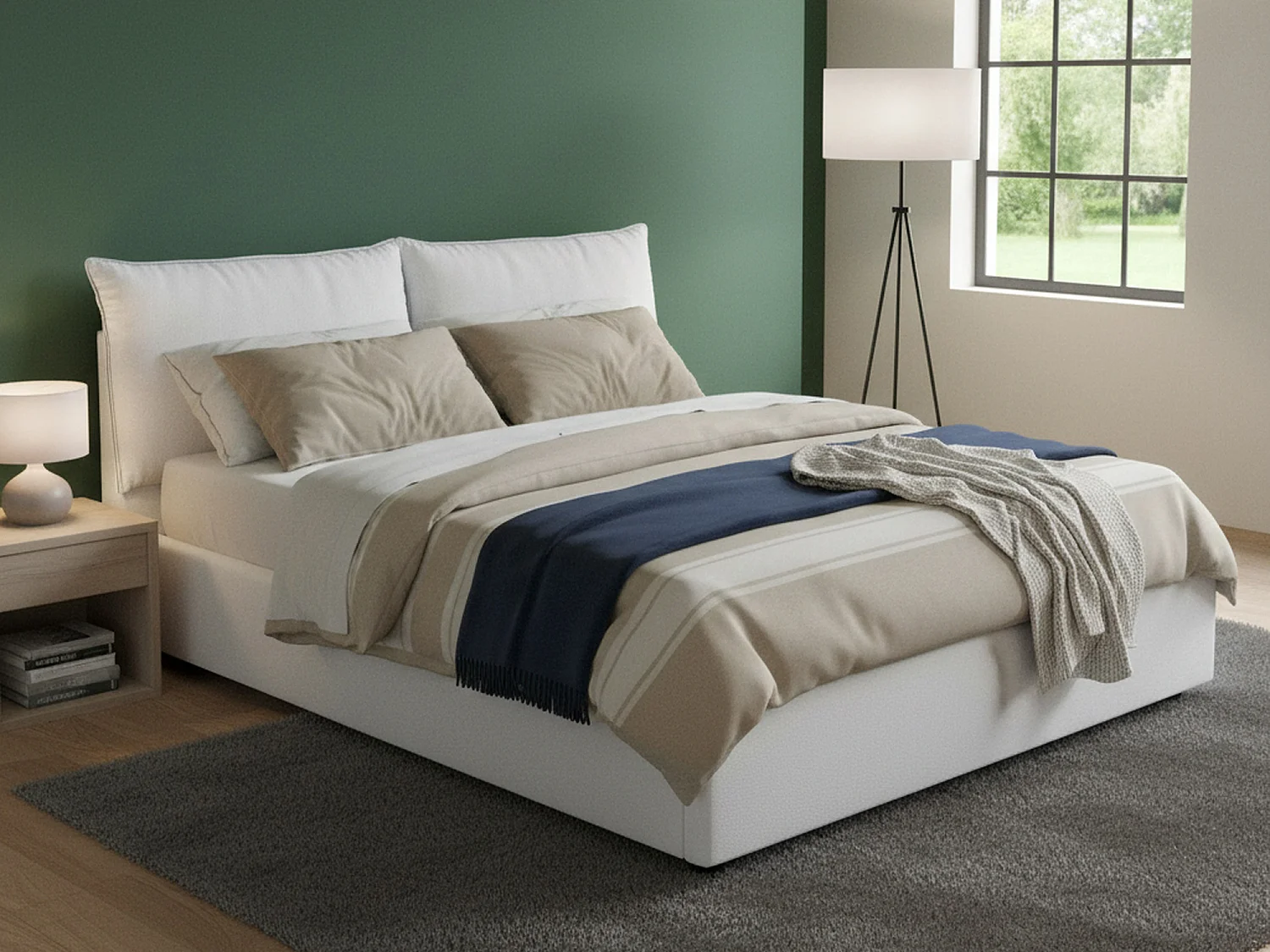 Lit double Dgnahor, Lit coffre avec revêtement en tissu, 100% Made in Italy, Ouverture frontale, adapté pour matelas 140x200 cm, Blanc