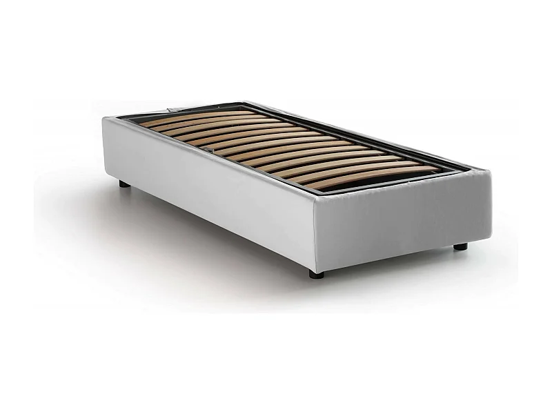 Lit simple Dmorier, Lit coffre avec revêtement en tissu, 100% Made in Italy, Ouverture frontale, avec matelas 90x200 cm inclus, Blanc