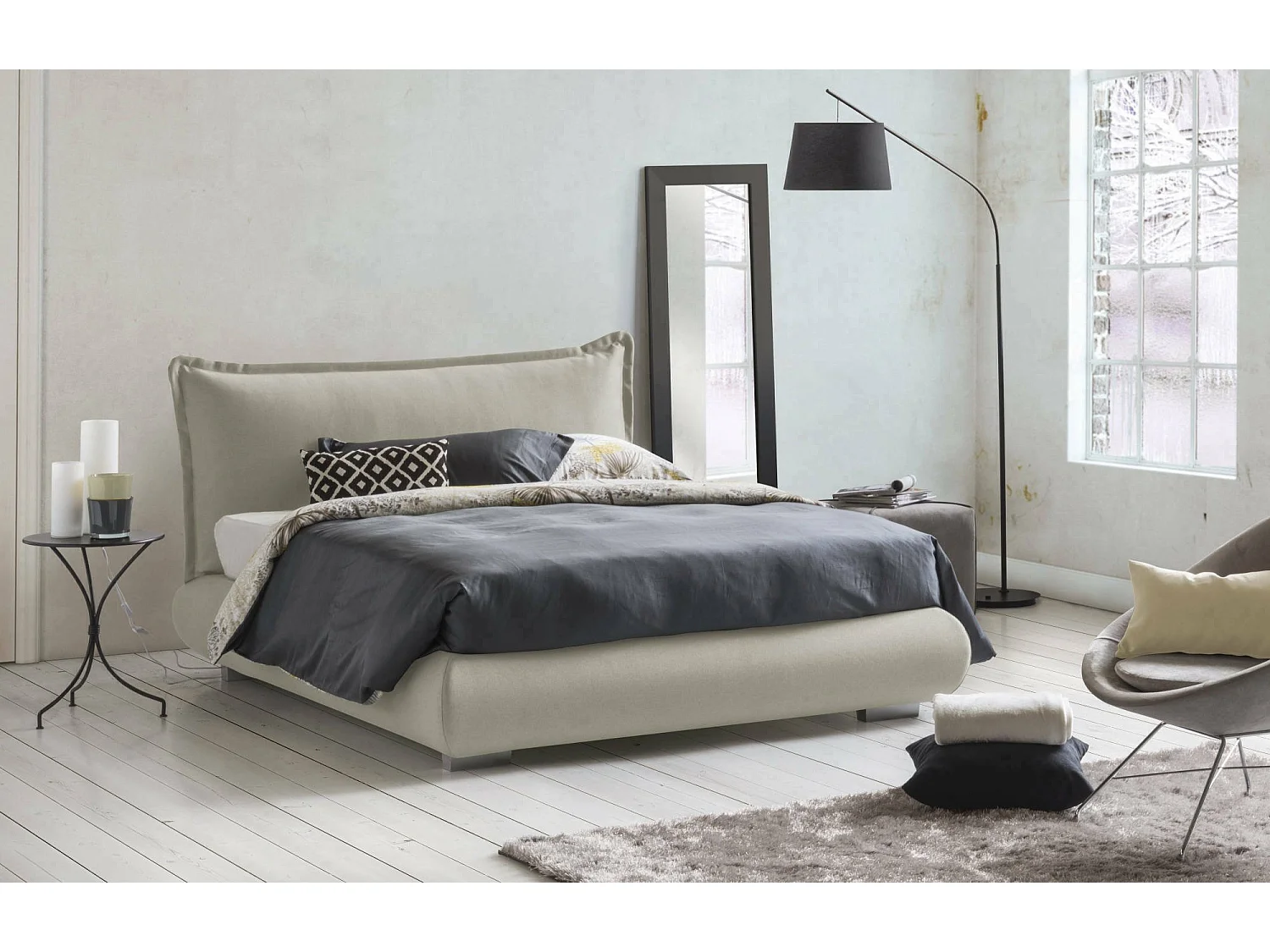 Cama de casal Dfecci, Cama de armazenamento com forro de tecido e cabeceira, 100% Fabricado na Itália, Abertura frontal, adequada para colchão 160x190 cm, Bege