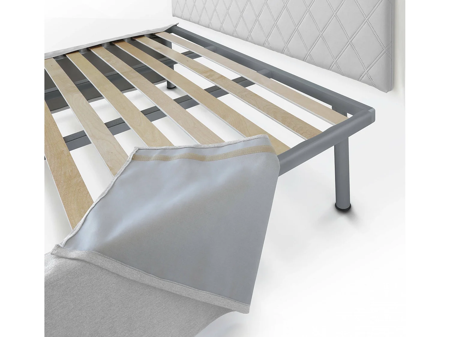 Lit double Dbenass, ensemble tête de lit en éco-cuir avec sommier orthopédique et volant, 100% Made in Italy, adapté pour un matelas de 160x190 cm, Blanc