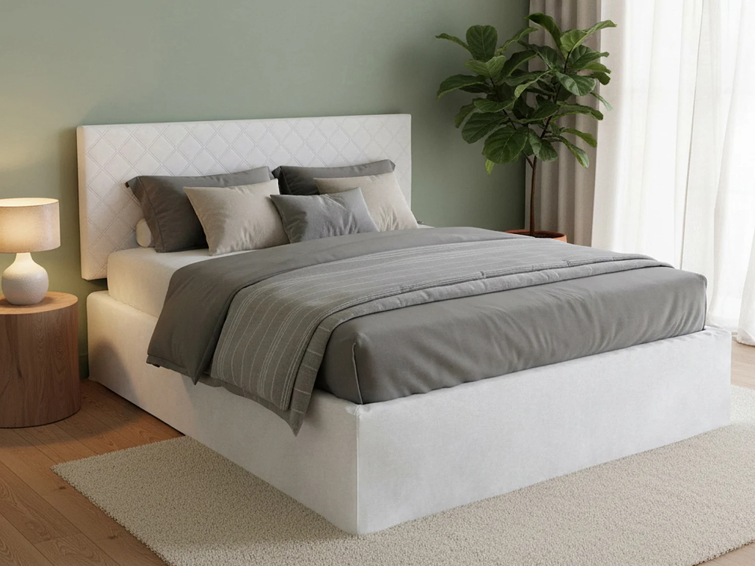 Lit double Dbenass, ensemble tête de lit en éco-cuir avec sommier orthopédique et volant, 100% Made in Italy, adapté pour un matelas de 160x190 cm, Blanc